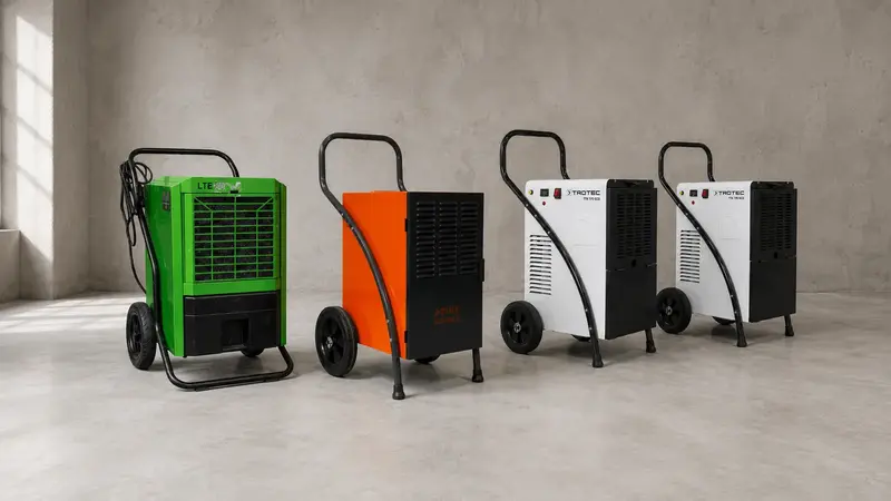 Grüner, orangefarbener und zwei weiße Bautrockner von Trotec, REMKO und ATIKA