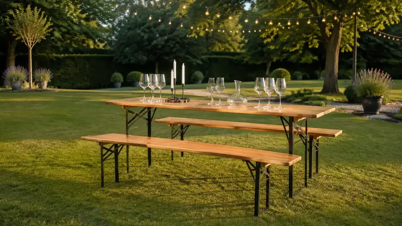 Bierzeltgarnitur aus Holztisch und zwei Holzbänken