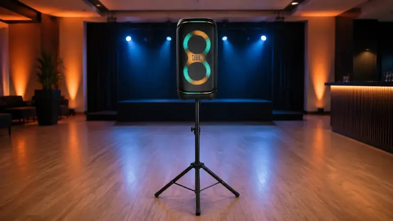 JBL PartyBox Stage 320 mit Akku auf einem Stativ
