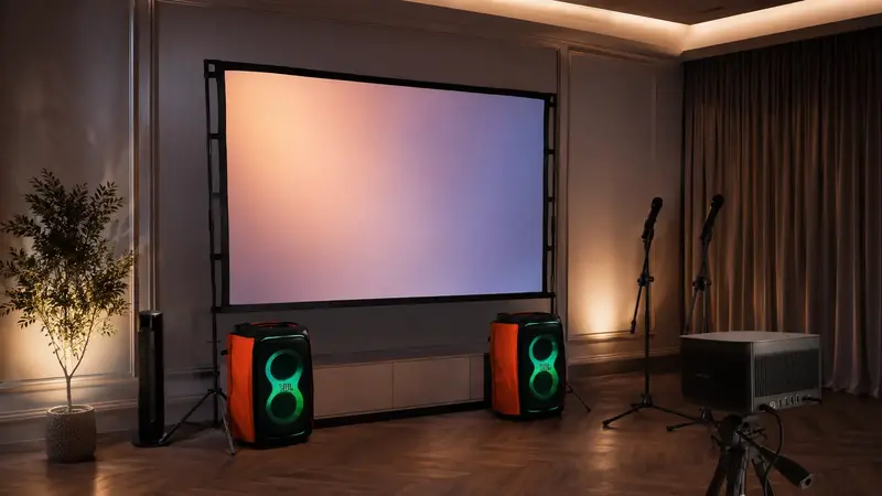 Karaokeset mit Leinwand, Beamer, PartyBox und zwei Mikrofonen