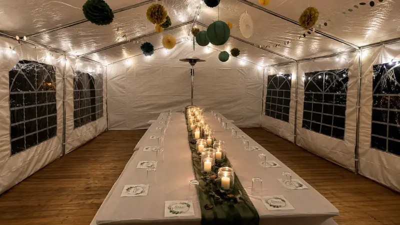 Warmweiße Lichterkette in einem Partyzelt
