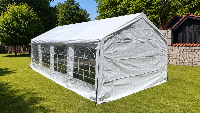Weißes Partyzelt 4 mal 8 Meter mit vier Seitenfenstern