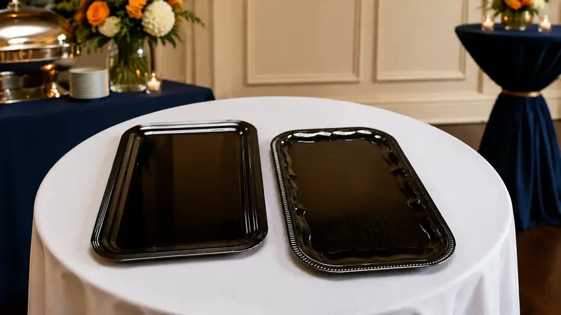 Dunkle Servierplatte auf einem Buffet-Tisch