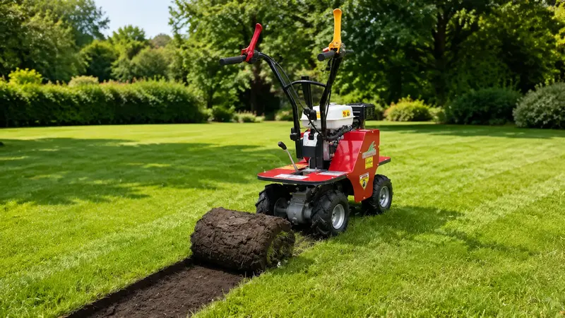 Roter Sodenschneider BENASSI L390 beim Abtragen einer Rasenfläche