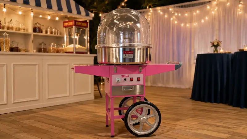Pinke Zuckerwattemaschine mit transparenter Haube und Wagen